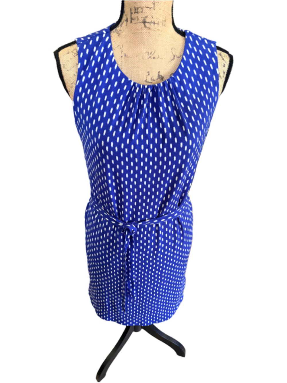 Ann Taylor Dotted Belted Flare Sleeveless Dress Size S Royal Blue